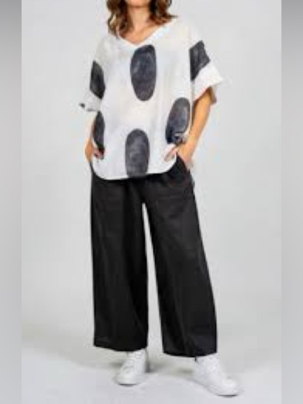 New Fashion Italy OS Black Polka Dot 100% Linen Short Sleeve Lagenlook Top